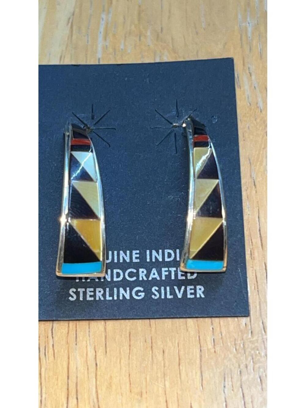 Zuni sterling silver inlay turquoise, onyx, mother of pearl inlay earrings
